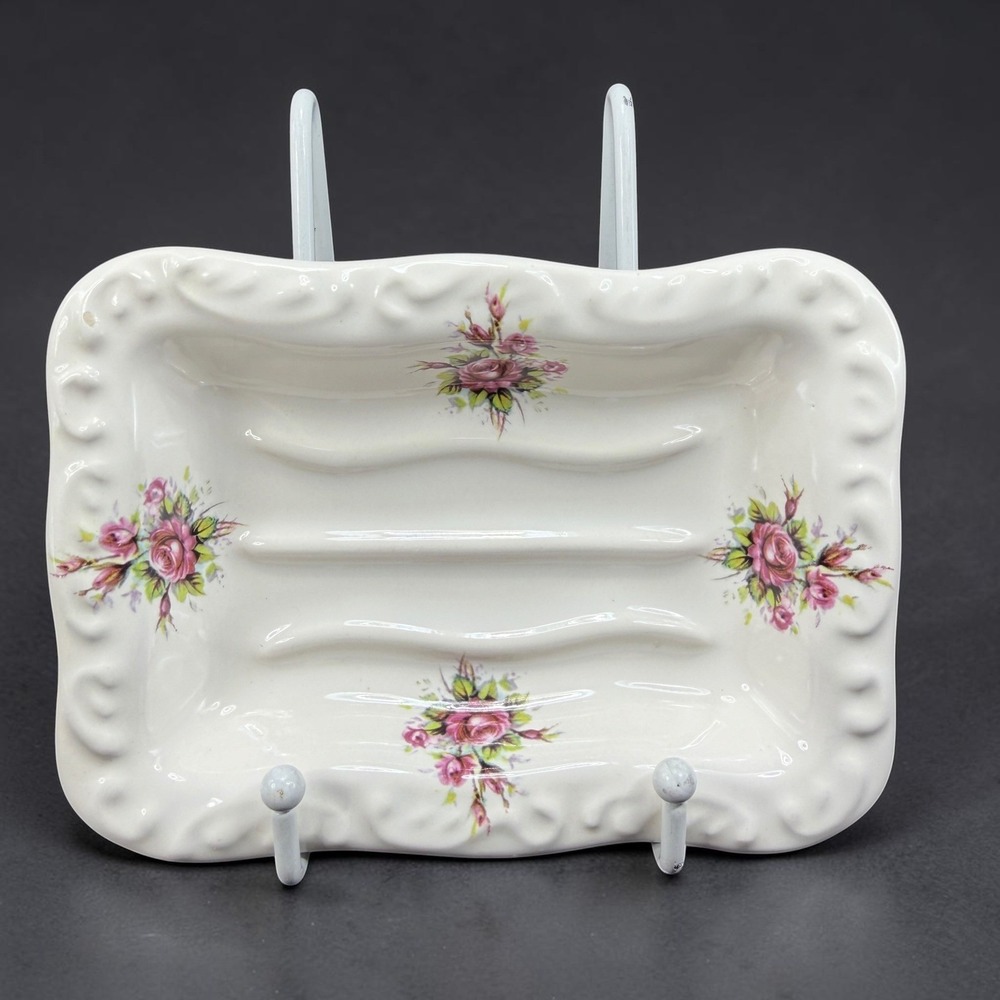 TH Athena Vintage Ceramic Soap Dish Pink Rose Floral Scalloped Made in USA VTG